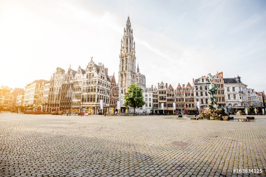 Picture of Morning view on the Grote Markt with beautiful buildings and church tower in Antwerpen city Belgium